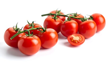 Fresh tomatoes on stems, isolated on white