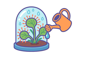 Watering a stylized plant growing inside a protective glass cloche infected with viral cells