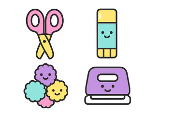 Cute pastel colored school and craft supplies set including scissors glue stick and hole punch with smiling faces