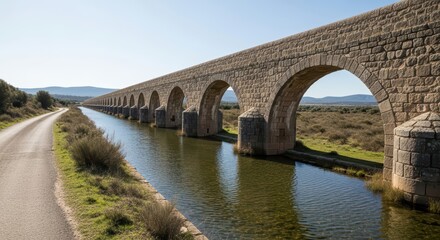 Fototapeta premium Historic stone aqueduct with multiple arches over tranquil canal in rural landscape