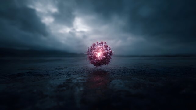 A glowing spiky organism or virus particle floats ominously in a dark stormy atmosphere