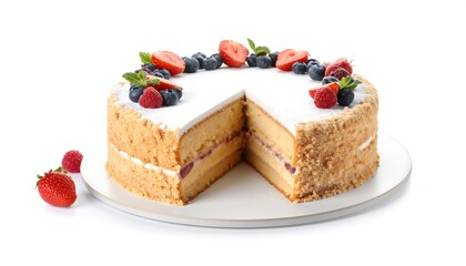 Freshly sliced cake decorated with berries