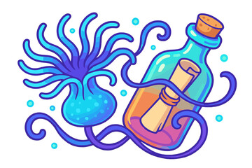 Message in a bottle entangled by glowing deep sea creature tentacles