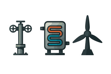 Industrial energy set featuring a wellhead valve, heat exchanger, and wind power turbine