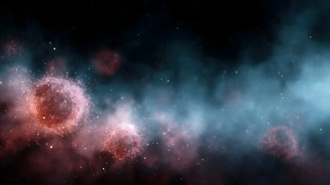 Glowing abstract microscopic particles with vibrant red and blue hues drifting in a cosmic nebula with stardust