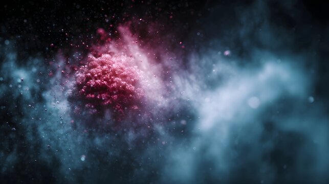 Vibrant pink and red powder explosion with blue smoke and microscopic particles
