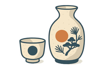 Traditional Japanese sake set with ceramic bottle and cup decorated with pine tree and rising sun motif