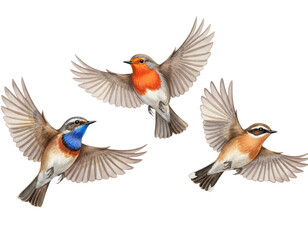 Naklejka premium Three colorful songbirds (bluethroat, robin, and whinchat) flying with open wings, watercolor clipart illustration isolated on transparent background