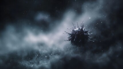 A dark spiky virus like microbe floats in a cloudy atmospheric void with scattered particles