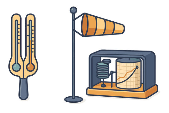 Essential meteorological instruments including a psychrometer, windsock, and recording barograph for weather forecasting