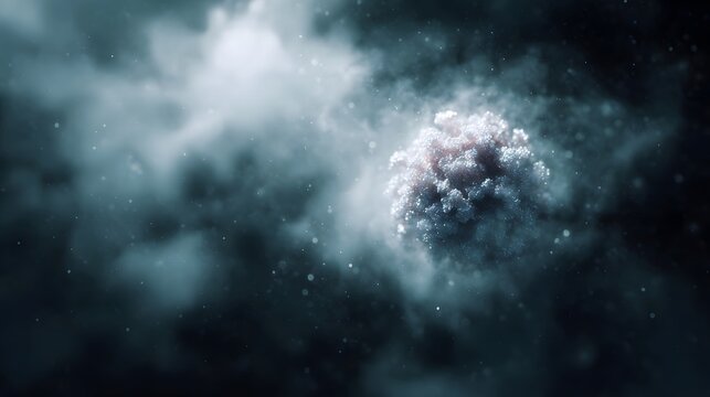 Microscopic view of a glowing particle cluster in misty darkness