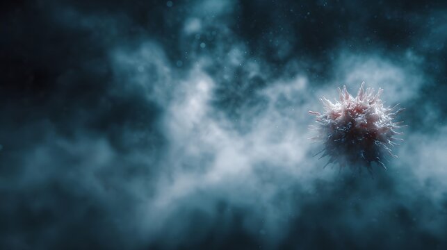 Microscopic spiky virus particle floating in a dark misty environment