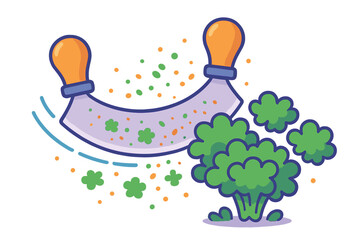 Mezzaluna knife chopping fresh green broccoli florets for cooking preparation