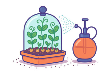 Young green sprouts growing in a seed tray covered by a protective glass dome being misted by a sprayer