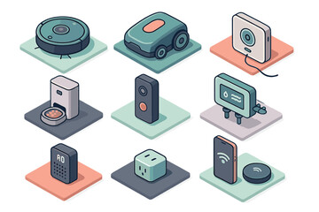 Essential smart home automation technology devices and Internet of Things gadgets in isometric view