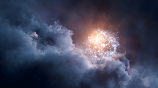 A bright glowing cosmic explosion erupts within dark dramatic atmospheric clouds
