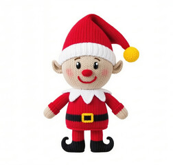 A knitted Christmas elf doll stands front and center, wearing a red suit and hat with white trim, black boots, and a yellow pompom.