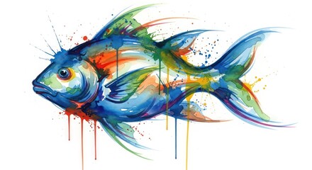 Watercolor fish illustration with vibrant and colorful splashes on a white background