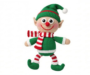 A knitted Christmas elf doll in a green hat and suit, red and white striped scarf and leggings, standing against a white background.