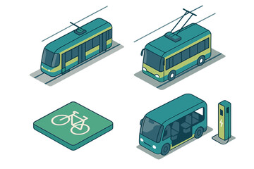 Sustainable urban mobility with tram, trolleybus, electric van, charging station, and bicycle sign