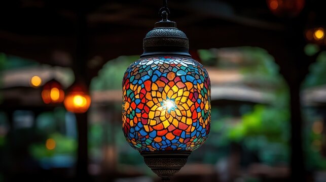 Colorful mosaic lamp, hanging in a garden setting