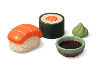 Traditional Japanese salmon nigiri and maki sushi roll served with soy sauce and wasabi