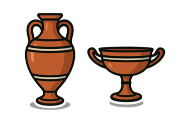 Traditional ancient Greek terracotta amphora and stemmed cup pottery vessels