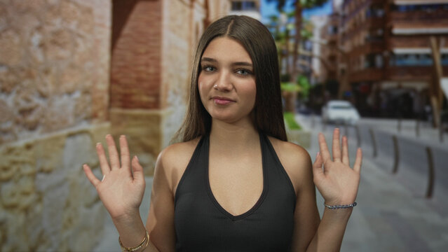 Teenage girl in black tank top shrugs bare shoulders on city street with puzzled expression; uncertainty.