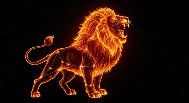 Fiery constellation lion roaring boldly against the backdrop of a starry nightscape