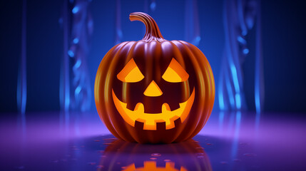 Fototapeta premium Halloween pumpkin concept horizontal banner. 3D render cartoon style. Blue background. Artwork digital illustration. 