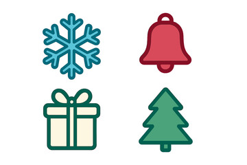 Festive winter and Christmas holiday symbols set including snowflake bell gift box and pine tree