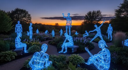 Ethereal luminescence sculptures human forms illuminating serene gardens dusk magic installation art