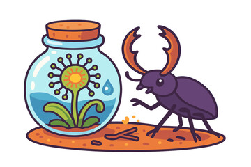 Cartoon stag beetle observing a mysterious glowing plant sealed inside a glass jar