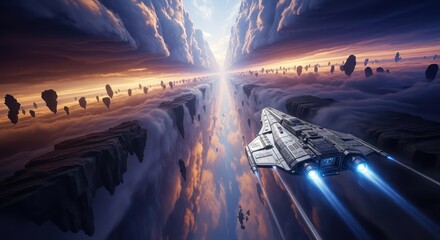Celestial voyage a spaceship races through a canyon of clouds towards radiant skies exploring new