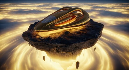 Golden spaceship resting upon an ethereal floating island bathed in a swirling cosmic glow