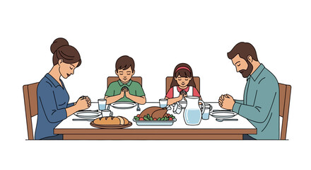 Family gathering together around a table for a meal and prayer