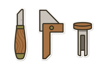 Stylized carving knife, measuring square, and wooden dowel peg for carpentry and craft projects