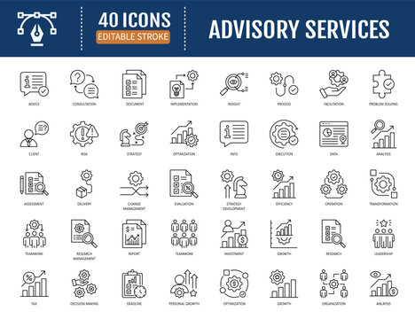 Advisory consulting icon set. Editable strike. Vector illustration with editable strokes