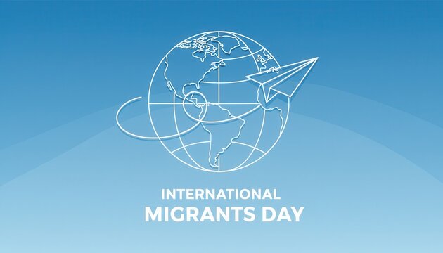 International Migrants Day illustration with a paper airplane flying around the globe. Line art concept of global migration and travel. Human rights and immigration awareness banner