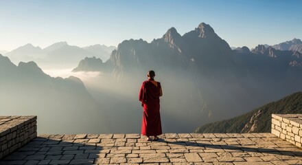 Solitary monk in red robe overlooks majestic mountain landscape at sunrise