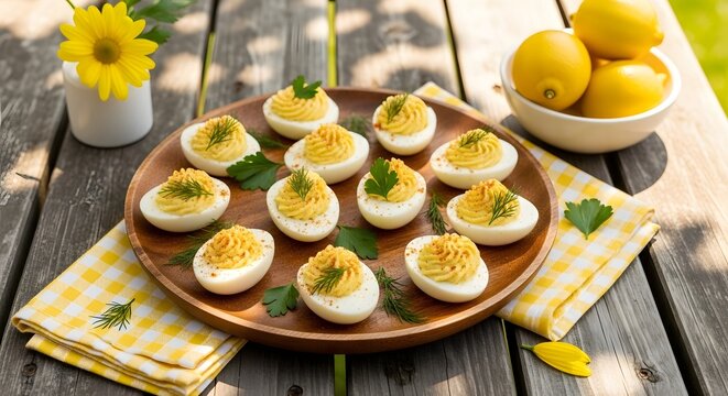 A platter of perfectly piped deviled eggs garnished with paprika and herb for National Devilled Egg Day.