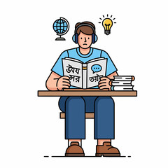 Flat vector student learning bengali with headphones at desk