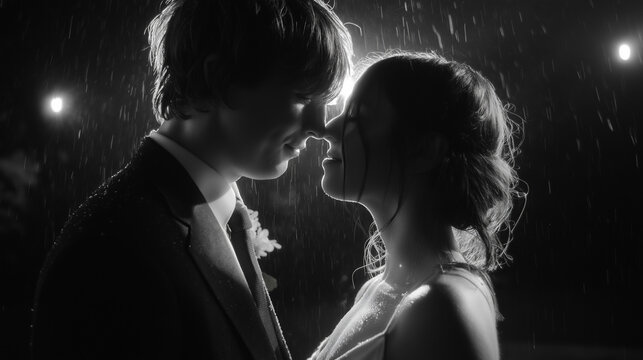 Romantic couple embracing under the rain, captured in a dramatic black and white portrait