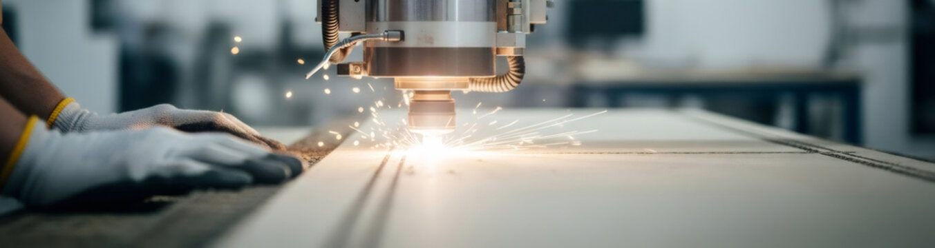 Worker using an industrial machine to engrave wooden surface. CNC machining process in a modern factory. Woodworking automation concept.
