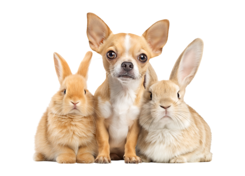 Chihuahua Dog Posing with Two Fluffy Baby Rabbits isolated on a transparent background - Powered by Adobe