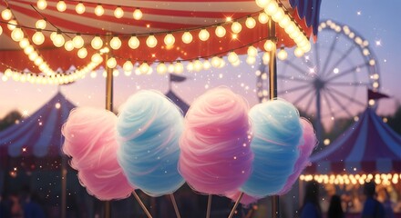 pink and blue cotton candy spinning on sticks under carnival lights for National Cotton Candy Day.