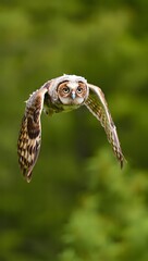 Obraz premium Owl flying with green background and brown and white wings and feathers detail shot