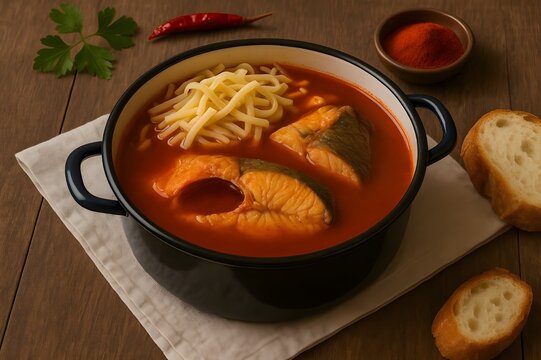 Traditional Hungarian Bajai Hal&aacute;szl&eacute; &ndash; Fish Soup with Noodles and Paprika Broth