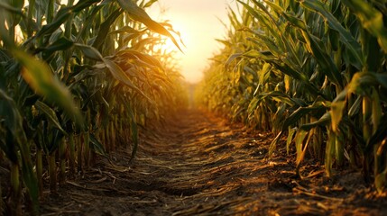 Perspective of a path through a cornfield, illuminated by a setting sun