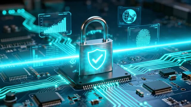 Cybersecurity concept with a glowing padlock on a computer processor. Digital data protection and network security technology. Animated 3D render of a secure system